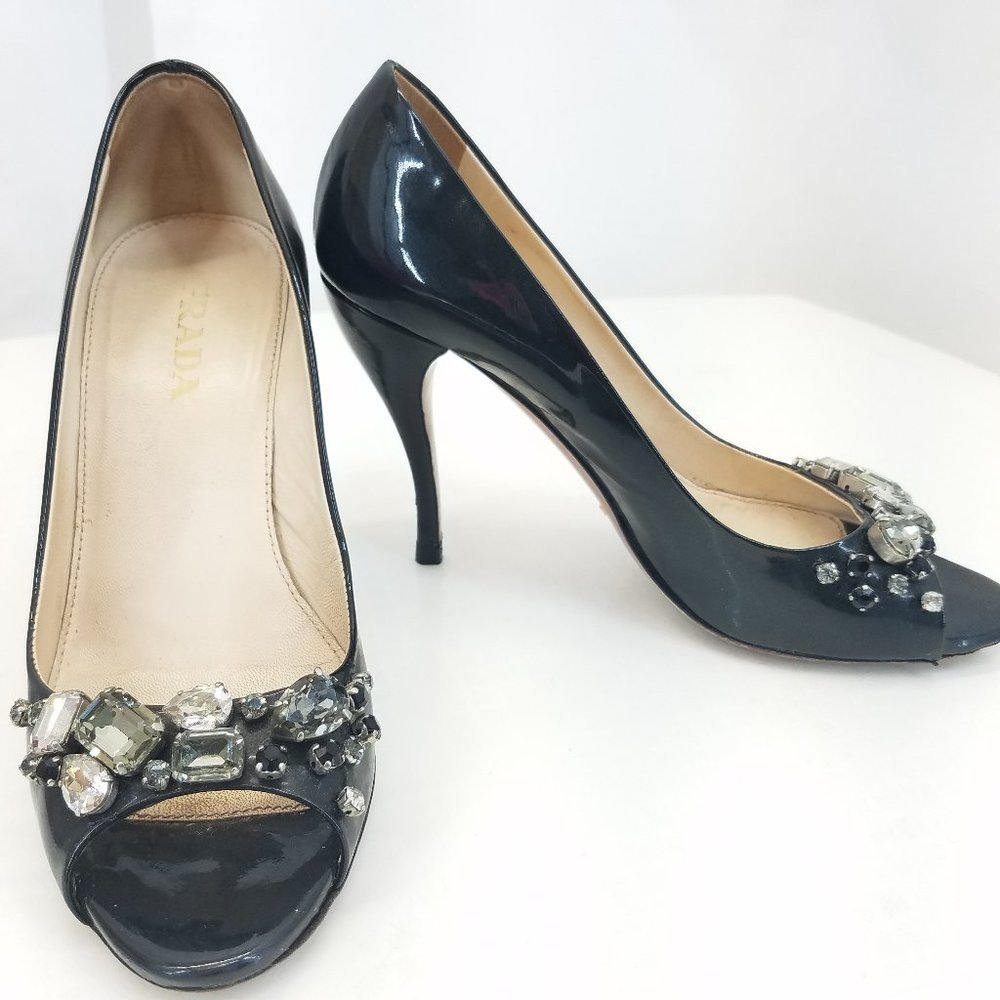Prada Black Patent Leather Jeweled Peep-Toe Heels